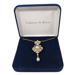 Camrose & Kross Jacqueline Kennedy Necklace Crown Pearl Pendant Gold Tone COA